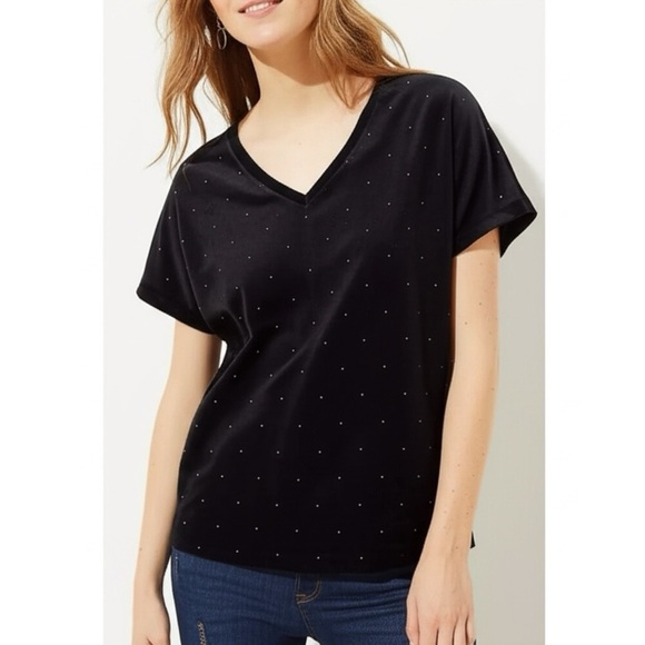 Ann Taylor LOFT Black Blouse Sz Small Velvet Top Sparkle Studs V Neck NWT $ 44 - Picture 7 of 8
